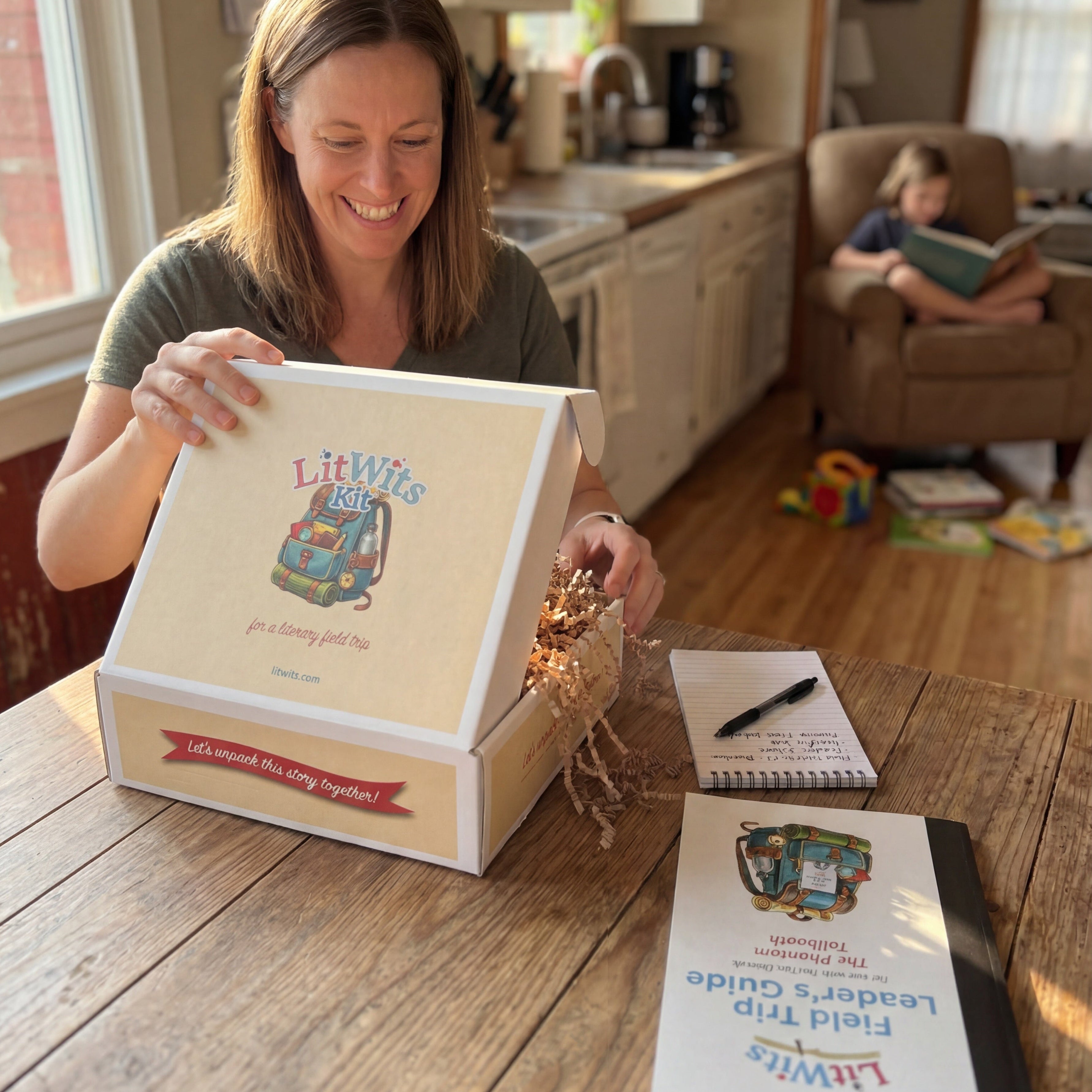 Homeschool mom opening a LitWits Kit