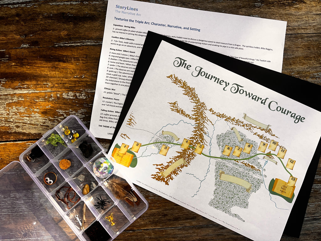 A tabletop display of a literature learning activity for THE HOBBIT titled "The Journey Toward Courage," including a printed map sheet, an  instruction page, and a clear plastic tray containing small tokens of the sstory, all arranged on a rustic wooden surface.